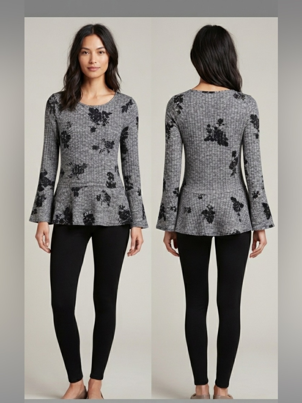 ELLE Gray Black Floral Marled Rib Knit Peplum Long Sleeve Top Medium